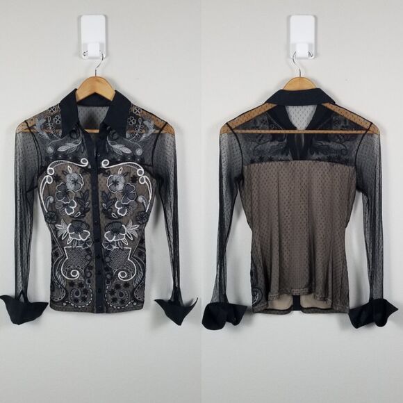 Blanc Nature Vintage Y2K Embroidered Goth Mesh Shirt Size 38 (Cigarette Odor) - Picture 7 of 14